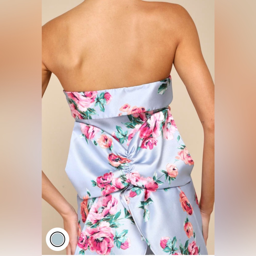 💕NWT💕Lulu’s, Light Blue Floral Taffeta Strapless Bow Mini Dress.Sizes: Various - Picture 4 of 4